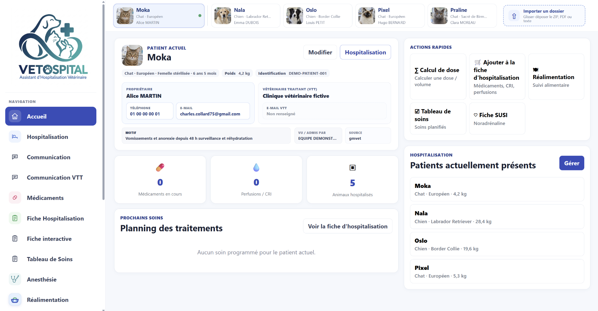 Écran d’accueil VETOSPITAL : patients hospitalisés avec leurs photos, informations du patient, navigation et actions rapides.